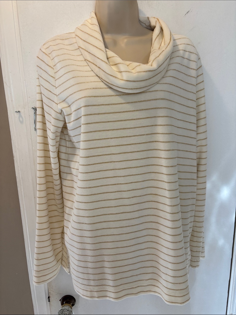 White Stag Medium Cream Stripe Cowl Neck metallic velour top 26-407